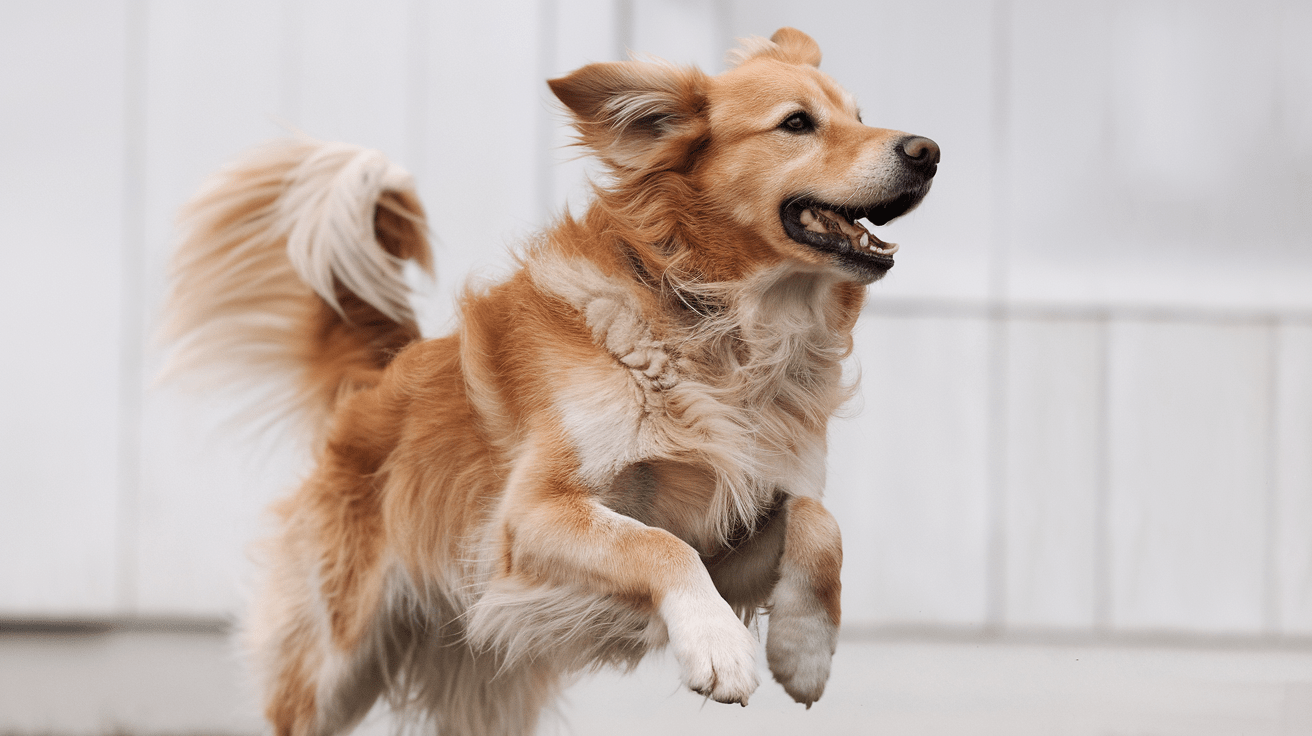 An image of a golden retriever, jumping in the air and looking happy