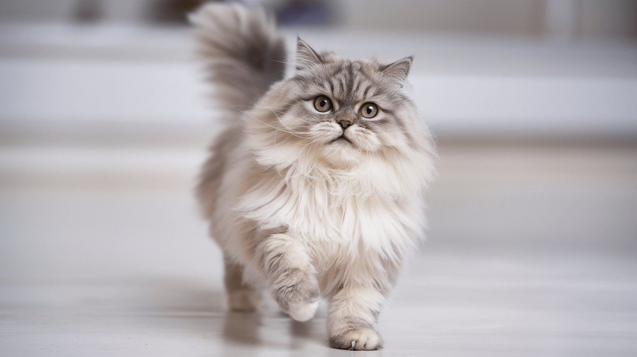 An image of a grey and white fluffy cat walking toward and looking at the camera