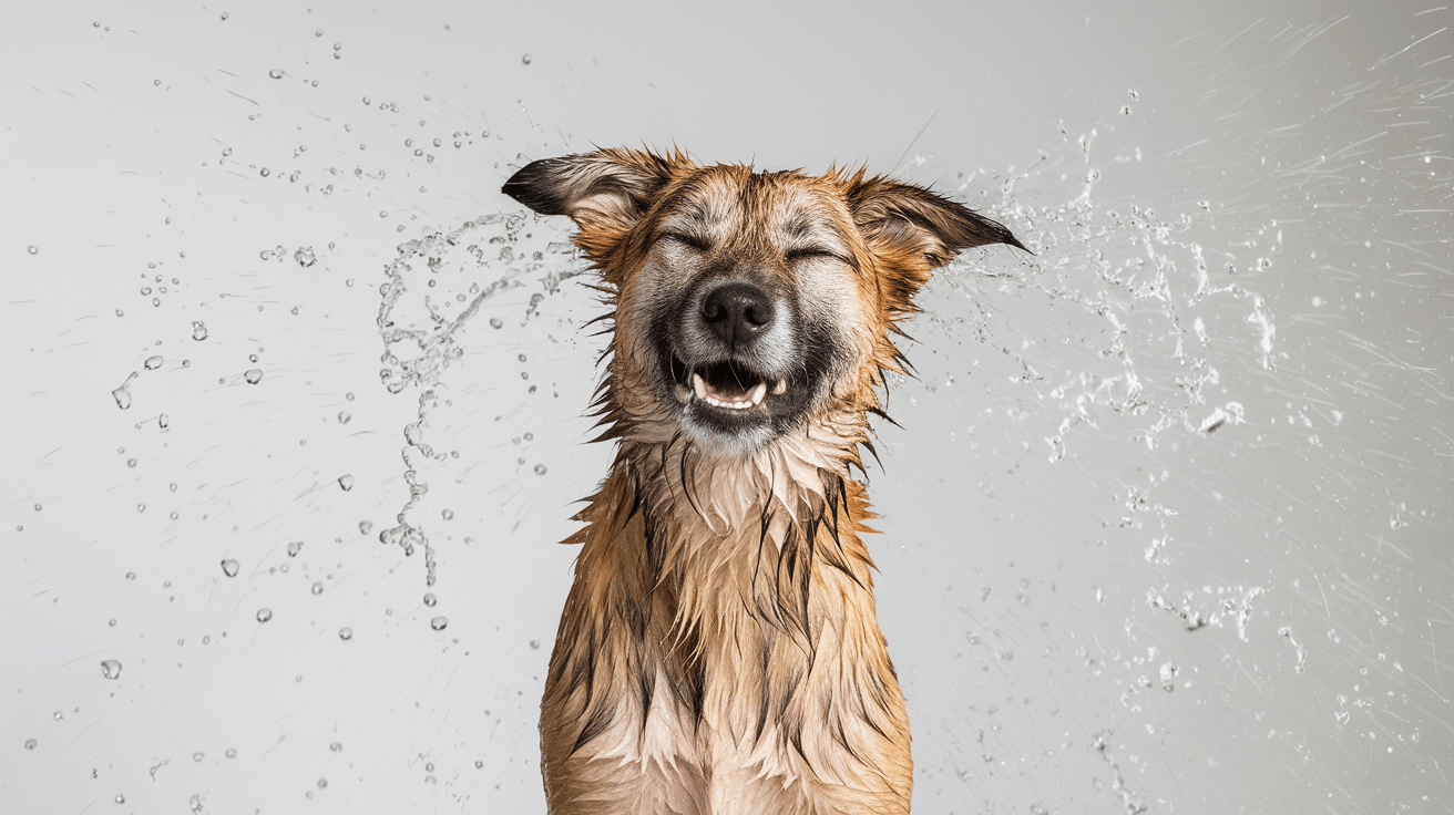 An image of a happy, looking wet dog, shaking all the water off his fur