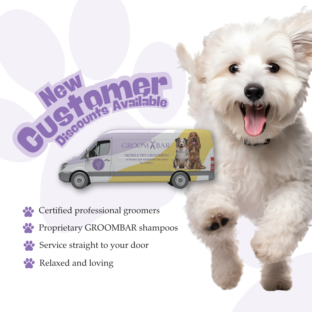 An image of a white dog with the mobile grooming van in front of it. And a heading that says new customer discounts available. Certified professional groomers • Proprietary GROOMBAR shampoos Service straight to your door • Relaxed and loving