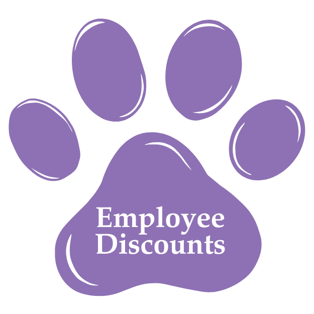 A purple paw with the words employee discounts in it