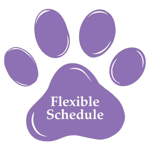 A purple paw with the word flexible schedule