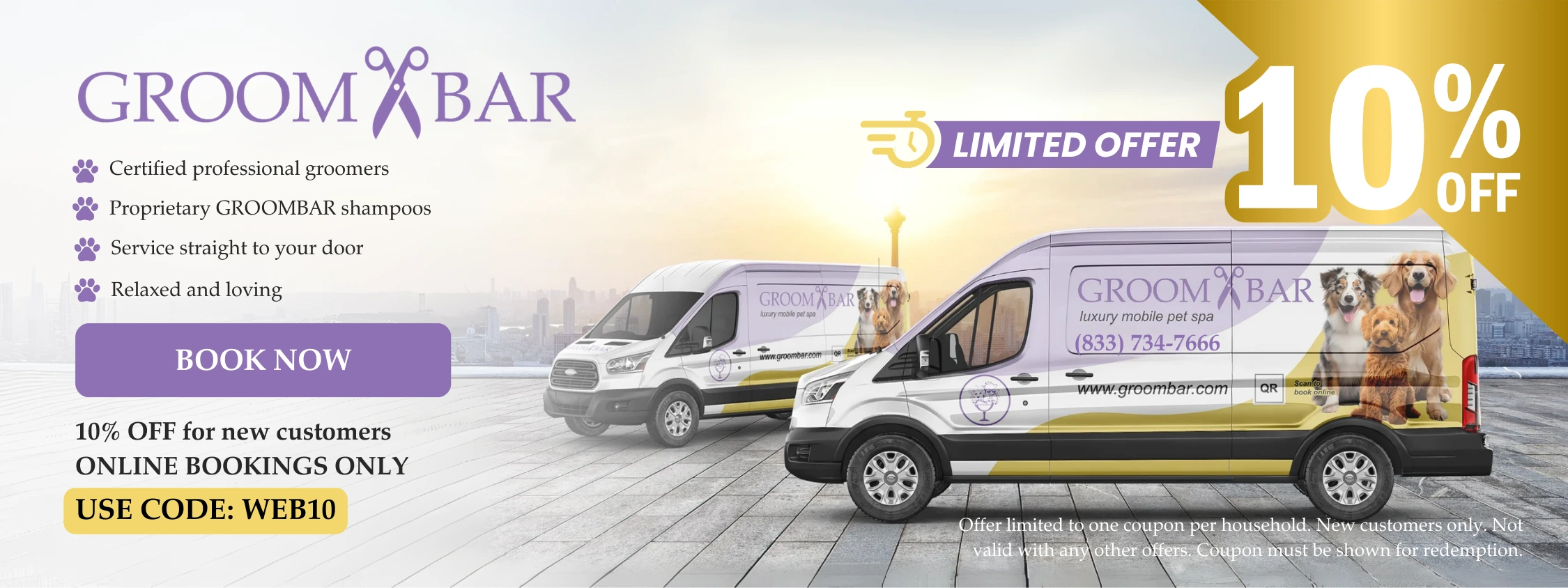 Promotional banner for GROOMBAR luxury mobile pet spa featuring two branded grooming vans in front of a city skyline. Text highlights certified professional groomers, proprietary GROOMBAR shampoos, service straight to your door, and relaxed, loving care. A “Book Now” button appears alongside a limited-time offer for 10% off for new customers on online bookings only with code WEB10.